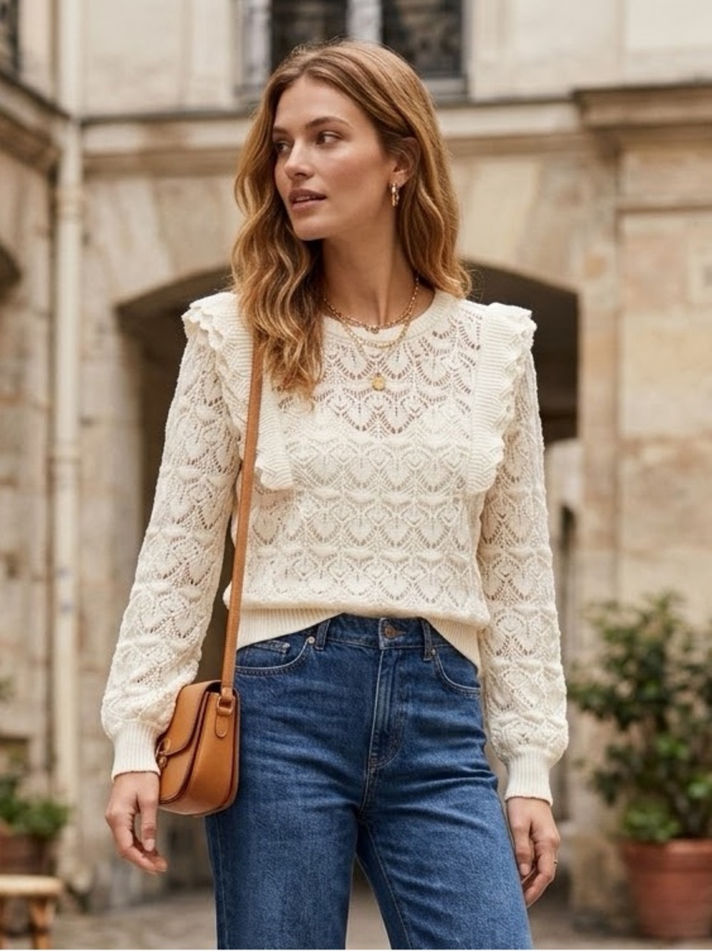 Women's Cream Lace-Knit Ruffle-Trim Crew Sweater